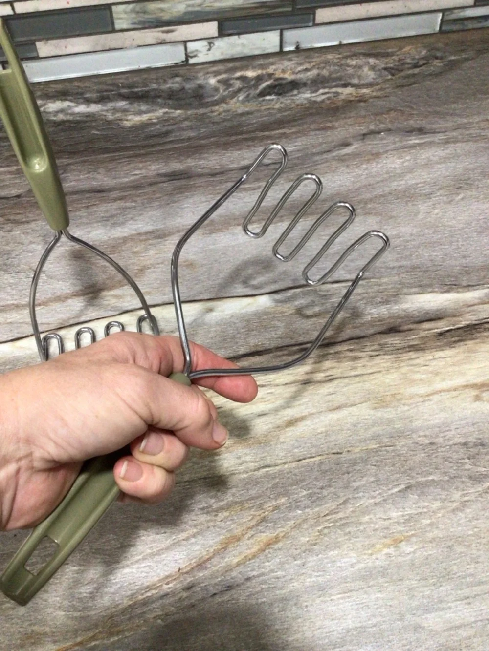 Vintage Green Handle Potato Mashers Set of 2 Stainless Steel Kitchen Utensils.